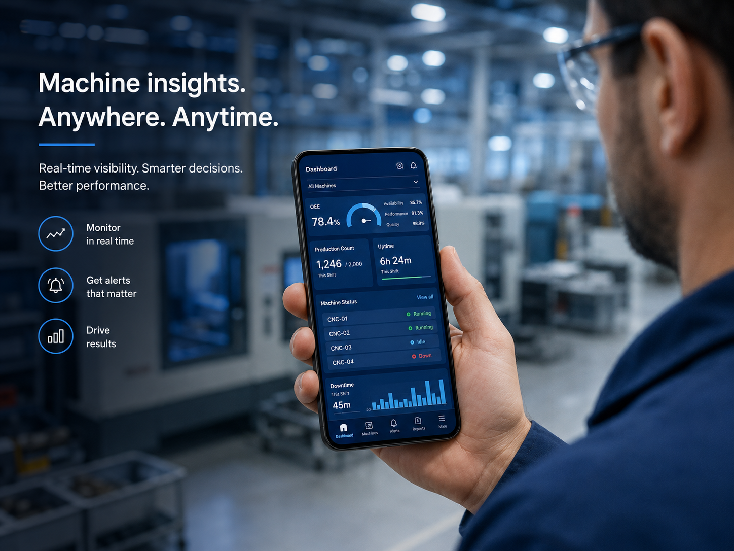 Supervisor viewing ClearRivet machine data on a smartphone inside a factory